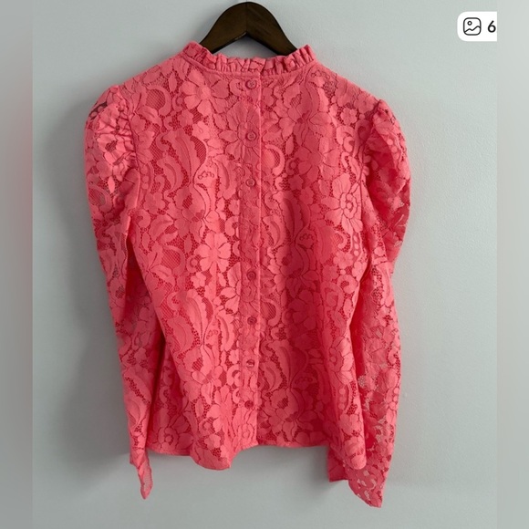 Rachel Parcell | Women’s Coral Lace Ruffle Neck Button Down Back Blouse Top Pink - Picture 6 of 8